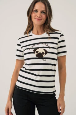 ONLY Le T-shirt Rayé Blanc Et Noir Avec Broderie De Chien