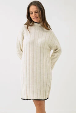 ONLY La Robe En Tricot Beige Avec Détails Noirs